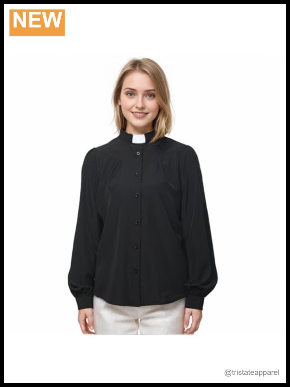 Long Sleeve Clergy Shirt Women Tab Collar Button Down Minister Blouse Church